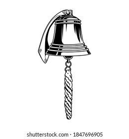 Nautical bell vector illustration. Vintage monochrome brass bell with rope. Sailing or maritime navigation concept for labels or emblems templates