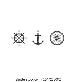 Nautical black helm, compas and anchor isolated on white. Ship and boat steering wheel sign. Rudder label. Nautical maritime illustration. sea and ocean symbol.Vector flat illustration