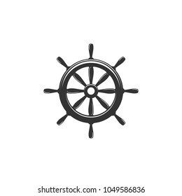 Nautical Black Helm Isolated On White. Ship And Boat Steering Wheel Sign. Boat Wheel Control Icon. Rudder Label. Vector Flat Illustration.