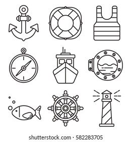 Nautical black line icons, set of outline vector icons isolated 