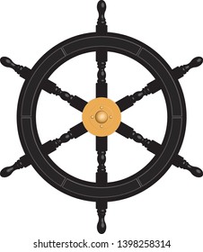 Nautical black ship wheel. Wood and brass. 3D effect vector