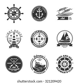 Nautical black white labels set with speed boat yacht and canoeing clubs flat isolated vector illustration 