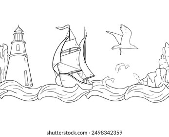 Nautical black and white vector seamless border of sailing ship on wave . Marine repeating texture of lighthouse and rocks graphic line art. Boat seagull beacon endless monochrome background.