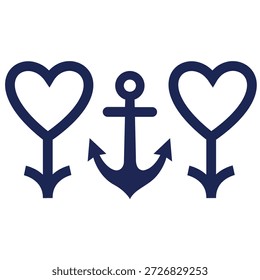 Ancla azul náutica entre dos símbolos de corazón icono de Ilustración vectorial aislado sobre fondo blanco