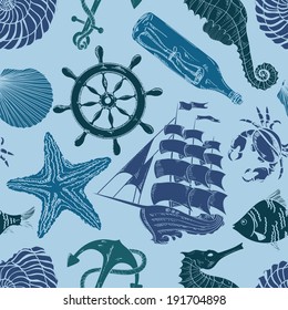 Nautical blue hand drawn seamless pattern 