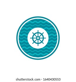 Nautical blue helm label isolated on white. boat steering wheel sign. Rudder label. Nautical maritime illustration. sea and ocean symbol.Vector flat illustration
