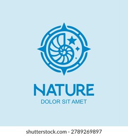 Nautical Blue Ocean Shell Compass Logo Badge for Nature Travel Agency