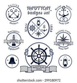 Nautical blue round vintage badges set on white background vector illustration