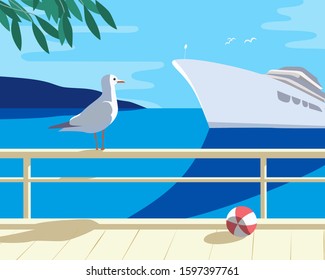 Nautical blue sea scenic view. Cruising ship tour vacation concept. Ocean cruise liner sailing colorful cartoon. Seagull on blue calm sea coast. Vector tourist trips relax advertisement background
