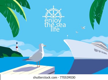 Nautical blue sea scenic view. Cruising ship tour vacation concept. Ocean cruise liner sailing colorful cartoon. Seagull on blue calm sea coast. Vector tourist trips relax advertisement background