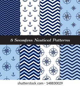 Nautical Blue, White and Navy Blue Chevron and Anchors and Compasses Patterns. Nautical Backgrounds. Pattern Swatches made with Global Colors.