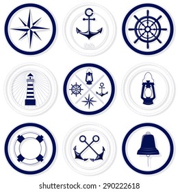 Nautical blue and white round badges with rope frames on white background vector illustration