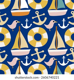Nautical boats and anchors  Seamless pattern background ideal for wrapping paper, fabric, textile etc.