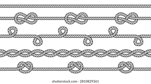 Nautical borders with ropes with knots and loops. Seamless pattern with twisted twine. Outline black brushes of straight and wavy cord isolated on white background, vector illustration