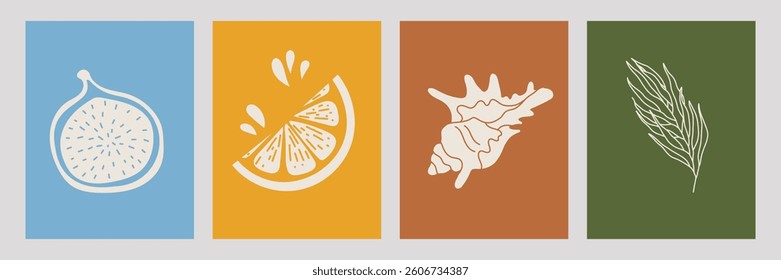 Nautical and Botanical Elements, fig, orange, seashell, eucalyptus. Vector greeting cards, poster, wall art, minimalist style.