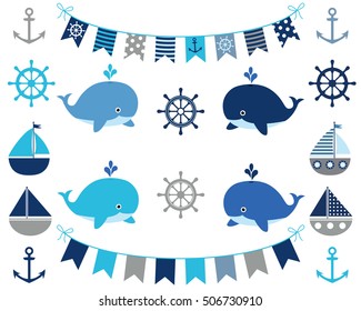 Nautical boy design elements in blue and grey - boat, whale, bunting, wheel, anchor