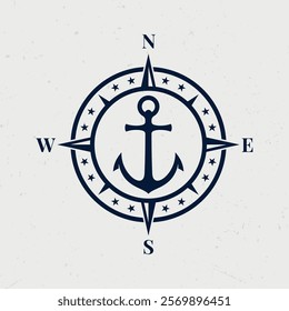 Nautical brand,logo with compass and anchor. Marine retro emblem.