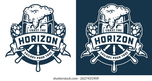 Nautical brewery logo with overflowing beer glass, hops, ship wheel. Maritime theme for branding. Craft beer, sea bar, ocean, brewing, brew, nautical, marine.