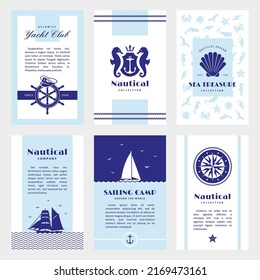 Nautical brochures. Menu, cruise or wedding brochure design. Marine style covers, abstract retro yacht tourism ad flyer. Sea navy tidy vector postcards