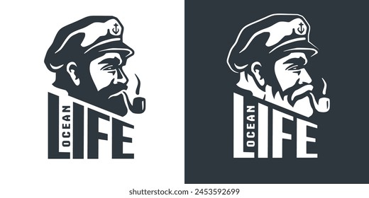 Nautical captain emblem illustrations with monochrome graphic designs for branding. Featuring a sailor man in a hat and pipe. Representing sea life. Maritime. Seafaring.