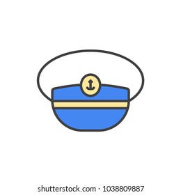 Nautical captain hat flat line colored icon. 
