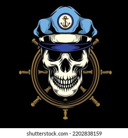 Calavera de capitán náutico con ruedas de barco en la ilustración del vector de fondo