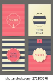 Nautical card with anchor on striped background for invitation. Retro Patterns for Placards, Posters, Flyers and Banner Designs. Set of brochures.