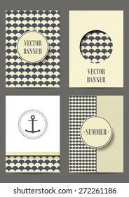 Nautical card with anchor on striped background for invitation. Retro Patterns for Placards, Posters, Flyers and Banner Designs. Set of brochures.