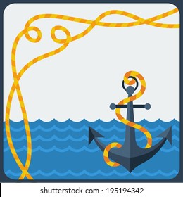 Nautical card with anchor and rope in flat design style.