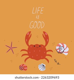 Nautical card with cute crab and shells. Vector graphics.