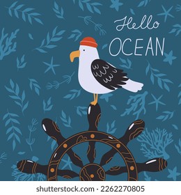 Nautical card with a cute seagull in a red cap sitting on the helm. Vector graphics.