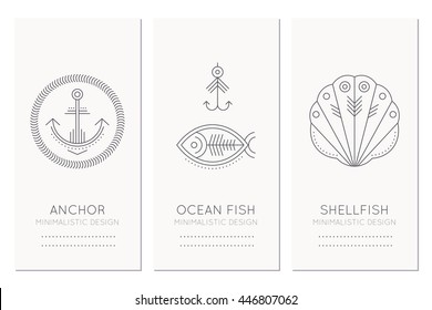 Nautical card design template with thin line style illustrations of fish, fishing hook, anchor, shellfish. Minimalistic monochrome marine theme tags