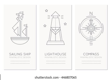 Modelo de design de cartão náutico com ilustrações de estilo linha fina de veleiro, farol e bússola rosa. Etiquetas de navegação monocromáticas minimalistas de navios