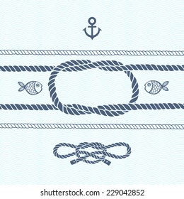 Nautical card with frame, anchor,marine knots, ropes and fish.