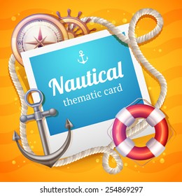 Nautical card with marine and sailing symbols set and rope frame vector illustration