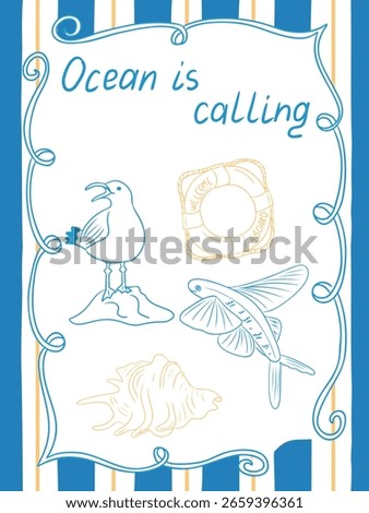 Nautical card with seagull, flying fish, lifebuoy and shell framed by ocean quote. Conveys marine adventure, freedom, and coastal lifestyle