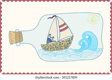 Nautical card template. Hand drawn sea card with ship. 