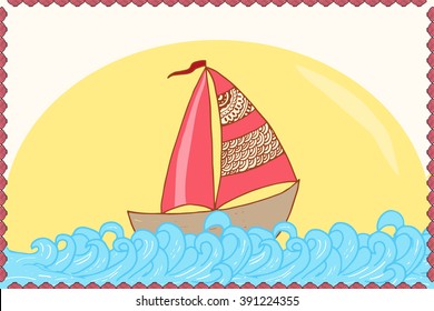 Nautical card template. Hand drawn sea card with sailing ship. 