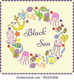 Nautical card template. Hand drawn sea card. Baltic Sea. Summer poster in doodle style. Welcome to the Baltic Sea.