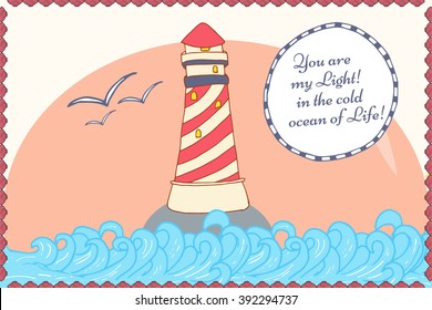 Nautical card template. Hand drawn sea card with ship and quote bubble. You are my light in the cold ocean of life.