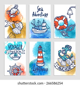 Nautical cards set with hand drawn sea adventure elements isolated vector illustration