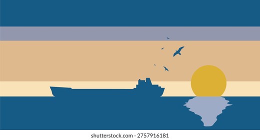Nautical cargo vessel sailing on calm blue ocean waters. Silhouette of a cargo ship at sunset, with the sun reflecting off the water.