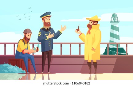 Nautical cartoon background with three sailors on fishing ship deck vector illustration