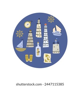 Nautical cartoon round background with lighthouses and sea equipment and transport. Vector illustration of childish ship, binocular, lighthouses. 