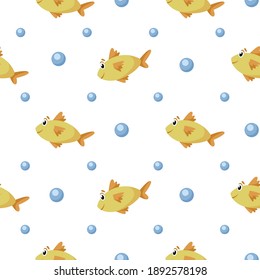 Nautical cartoon seamless pattern - cute golden fish and bubbles seamless digital paper, vector nursery marine or undersea animal background for kids textile, scrapbooking, wrapping paper