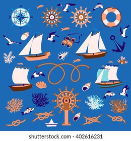 Nautical cartoon set: sailboats, fish, seagull, coral, wind rose, steering wheel, lifeline, binoculars, shell, knots