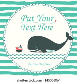 Nautical cartoon vector card with cute whale and boat. Marine invitation in bright colors. Stylish invite card.