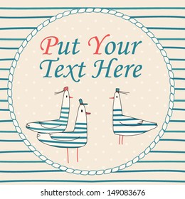 Nautical cartoon vector card with cute seagulls. Marine invitation. Stylish invite card with nautical icons. 