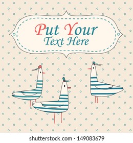Nautical cartoon vector card with cute seagulls. Marine invitation. Stylish invite card with nautical icons. 