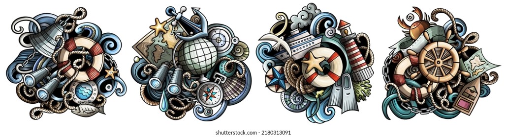 Nautical cartoon vector doodle designs set. Colorful detailed compositions with lot of maritime objects and symbols. Isolated on white illustrations